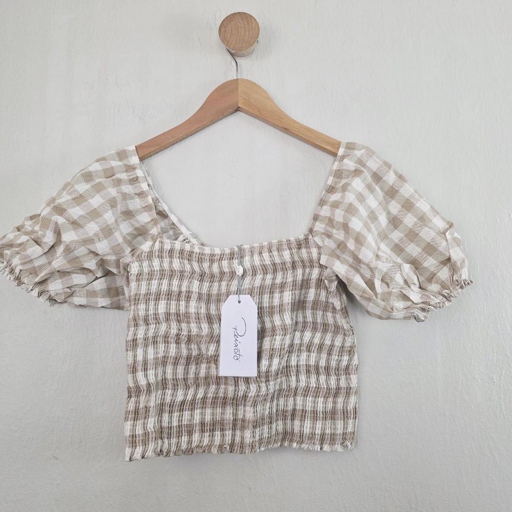 NEW Peixoto Smocked Cream and Tan Gingham Checkered Crop Top Large